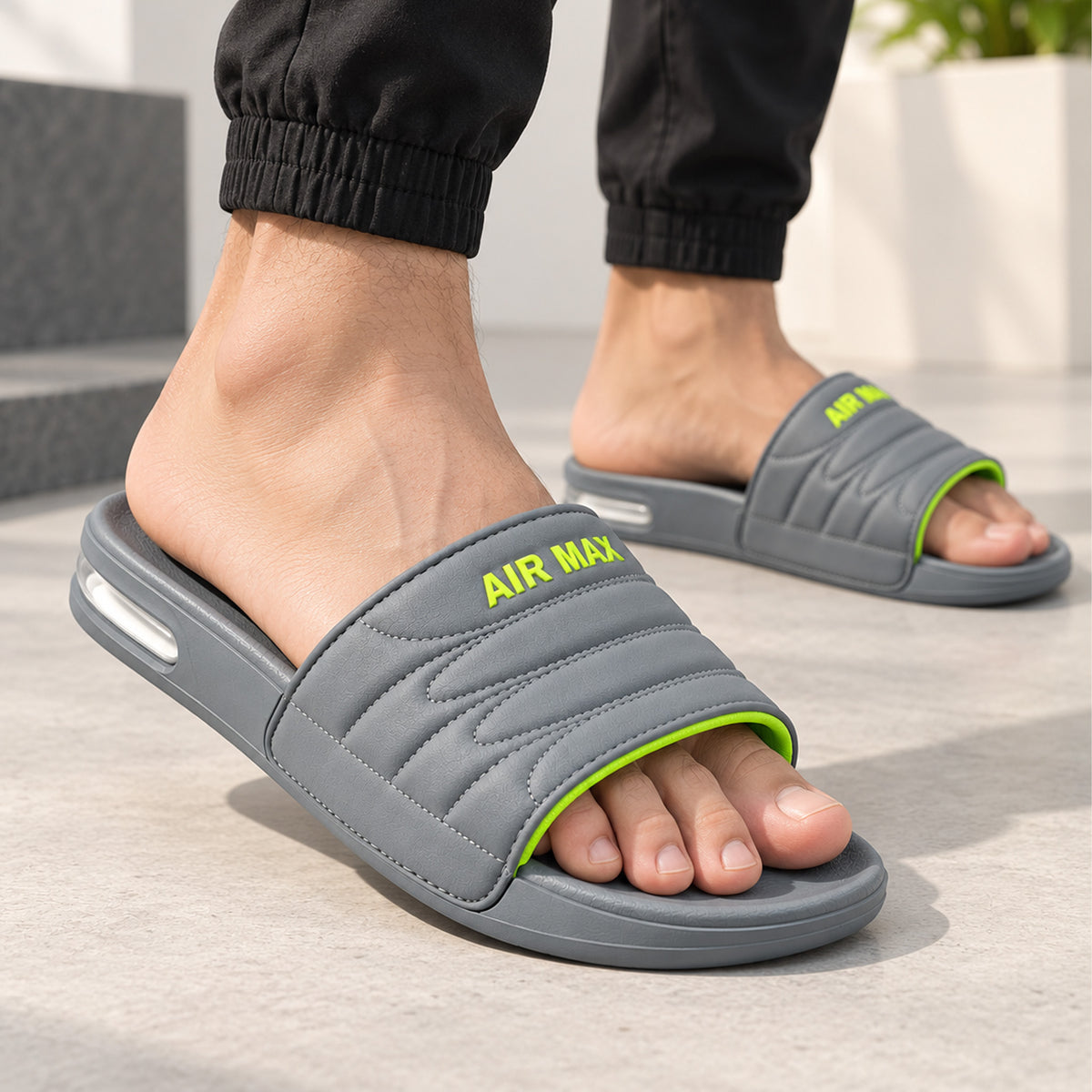 Premium Air Max Comfort Slides for Men | Grey & Neon Green