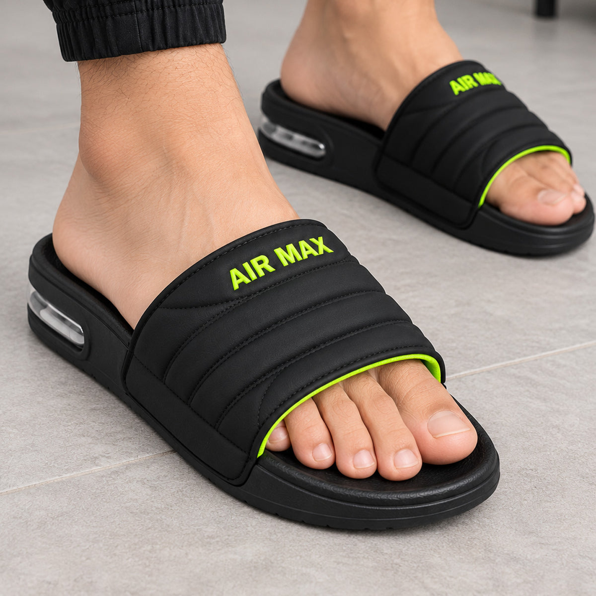 Premium Black Air Max Comfort Slides for Men | Black & Neon Green